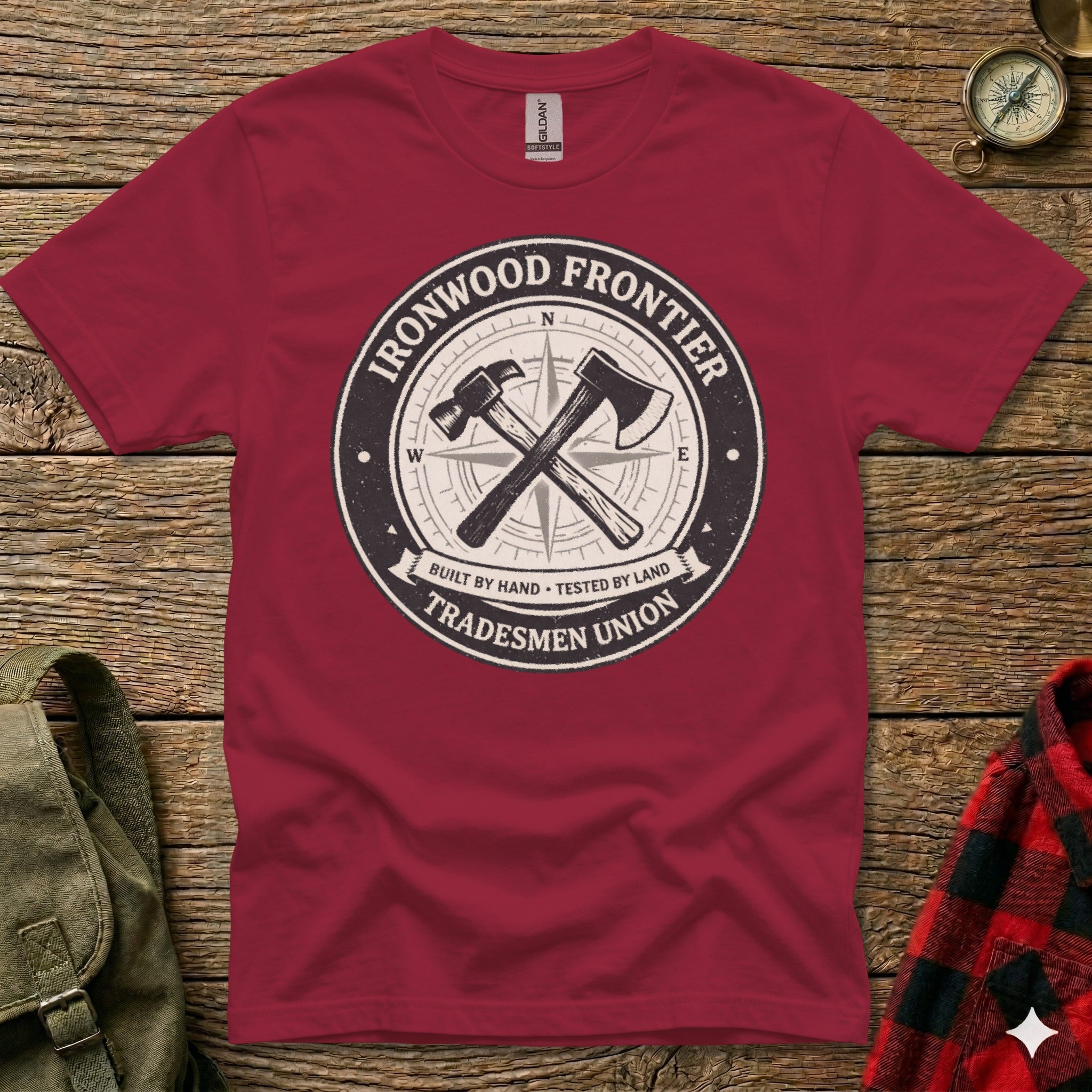 Maroon t-shirt with circular Ironwood Frontier Tradesmen Union logo.