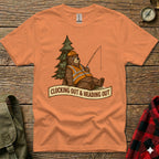 Bear in construction vest and hard hat fishes near a tree with text "Clocking Out & Heading Out".