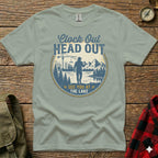 T-shirt with "Clock Out Head Out See You at the Lake" graphic.