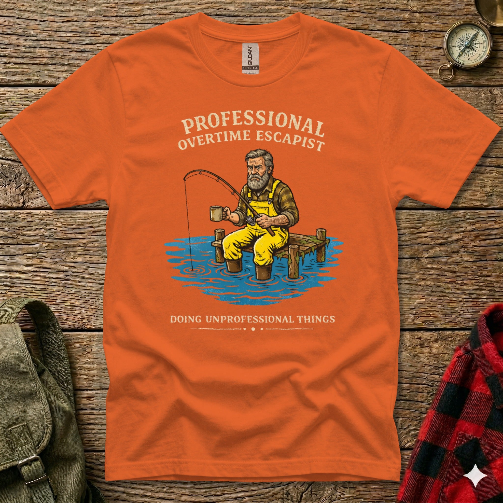 Orange t-shirt with "Professional Overtime Escapist" text and fishing graphic.