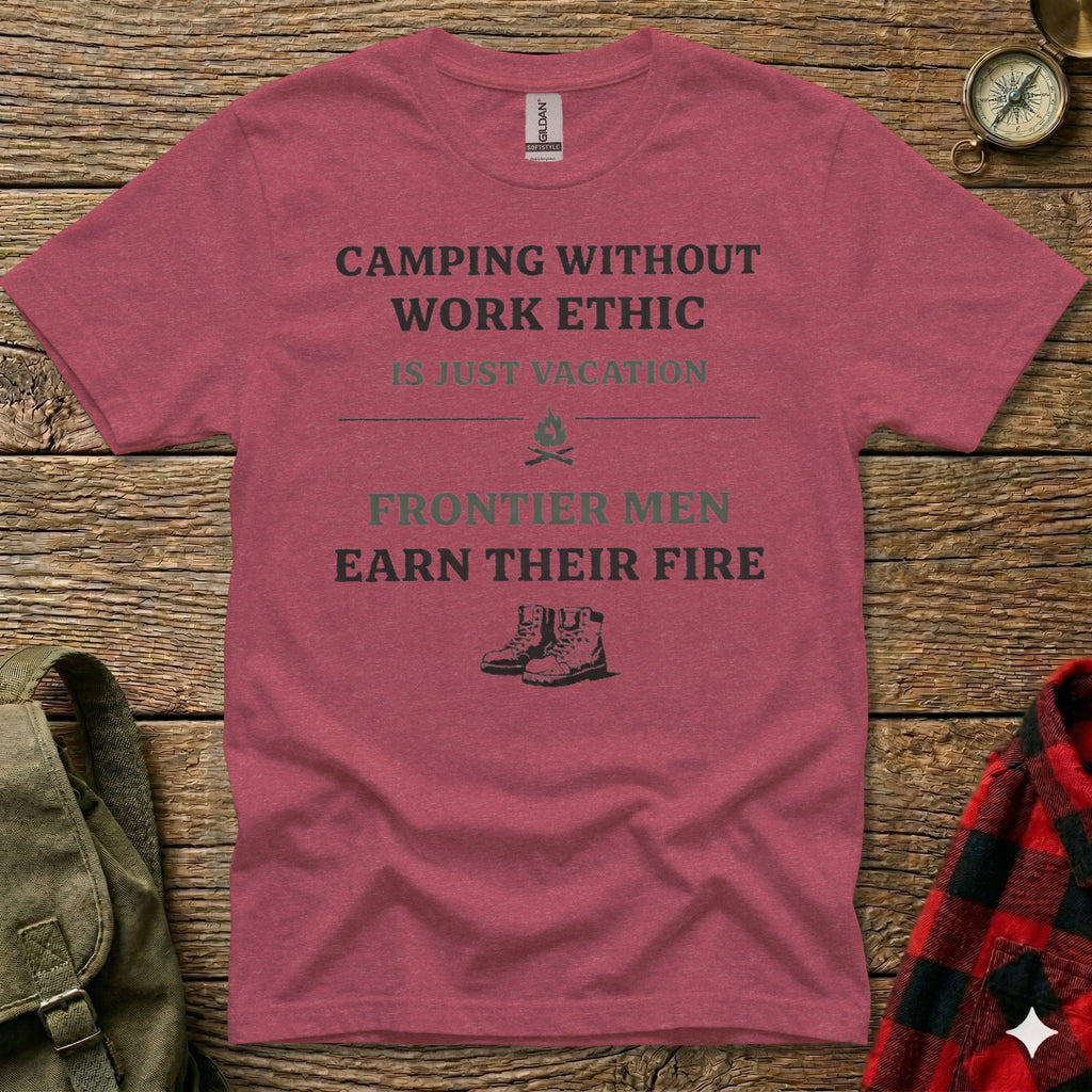 Maroon t-shirt with text and hiking boots graphic.