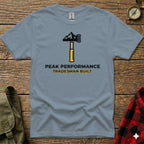 Grey t-shirt with hammer logo and "PEAK PERFORMANCE TRADESMAN BUILT" text.