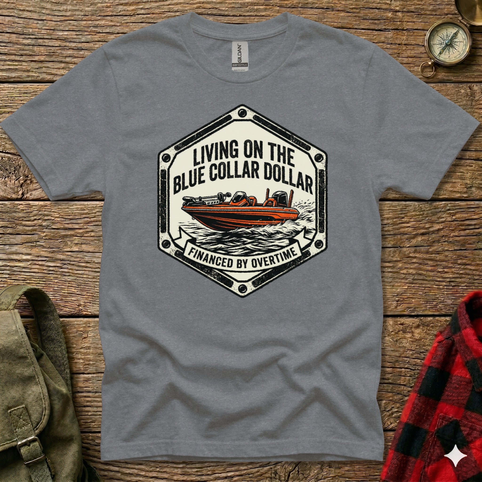 Gray t-shirt with a hexagonal logo featuring a boat and text.