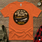 Orange t-shirt graphic with boat and text "Livin' on the Blue Collar Dollar".