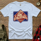 White t-shirt with "High Mileage Club Trekking Div." logo featuring a hiker.