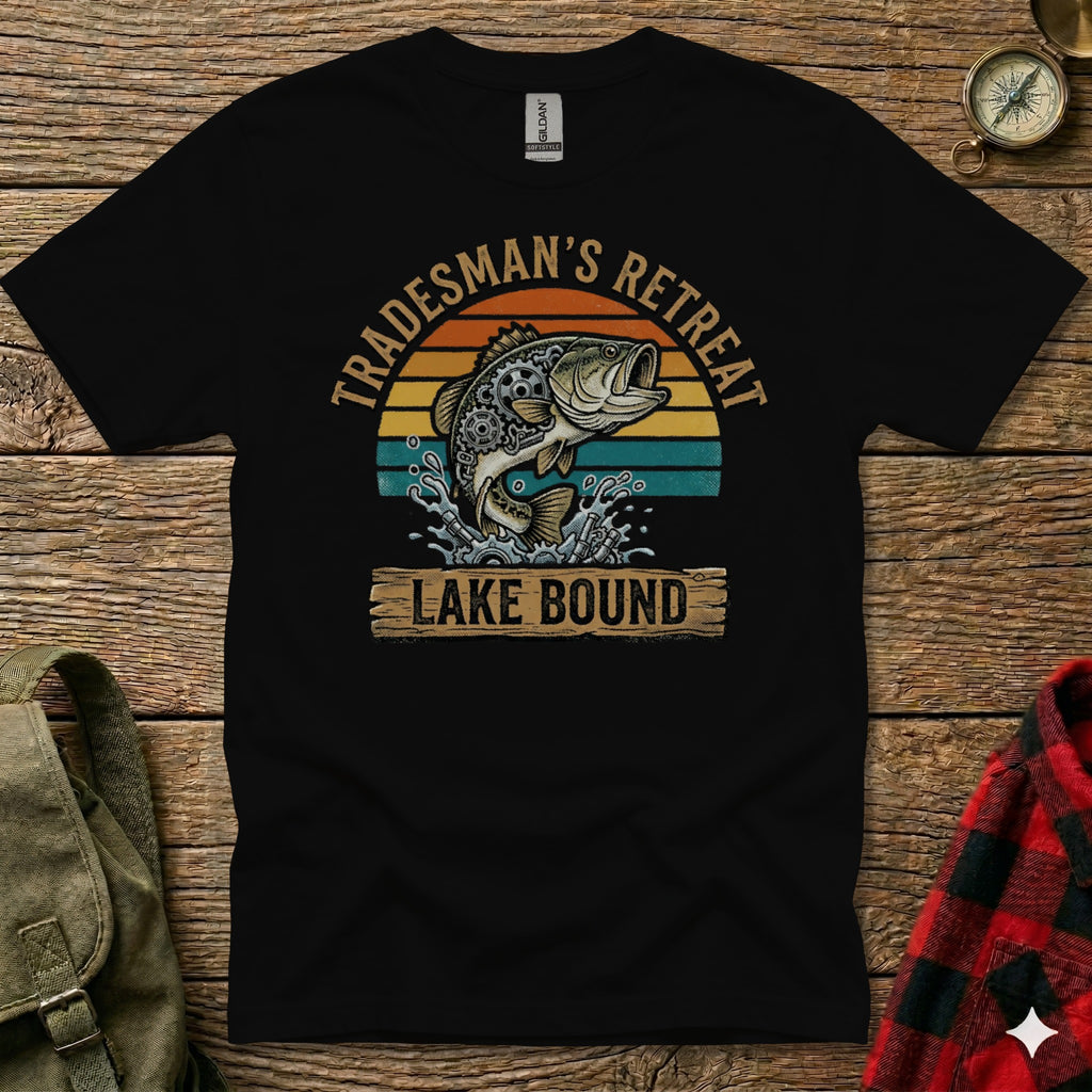 Black t-shirt with a leaping fish and "Tradesman's Retreat Lake Bound" text.