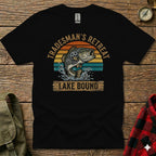 Black t-shirt with a leaping fish and "Tradesman's Retreat Lake Bound" text.