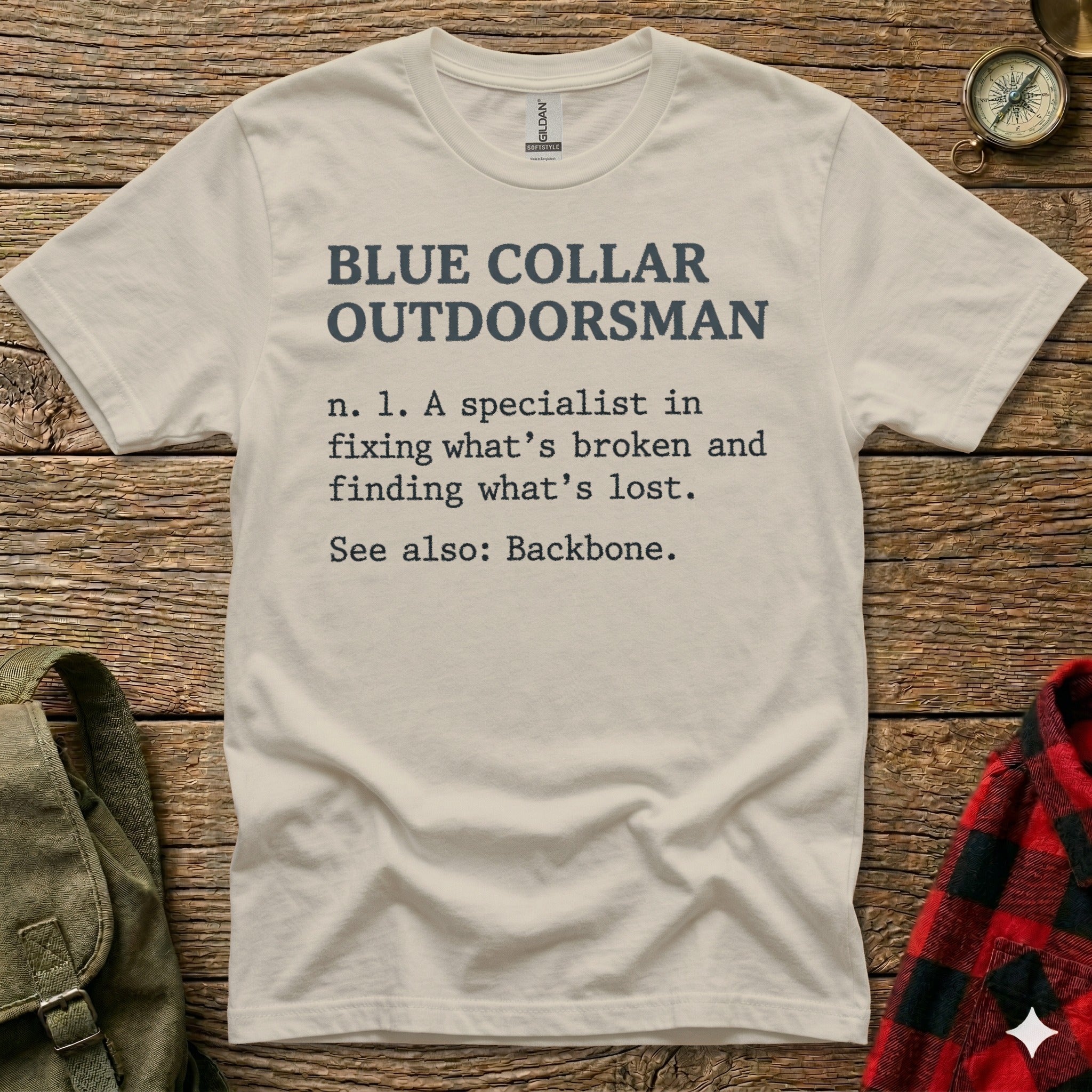 T-shirt with "BLUE COLLAR OUTDOORSMAN" definition text.