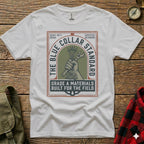 White t-shirt with "The Blue Collar Standard" logo featuring a hand holding a wrench.