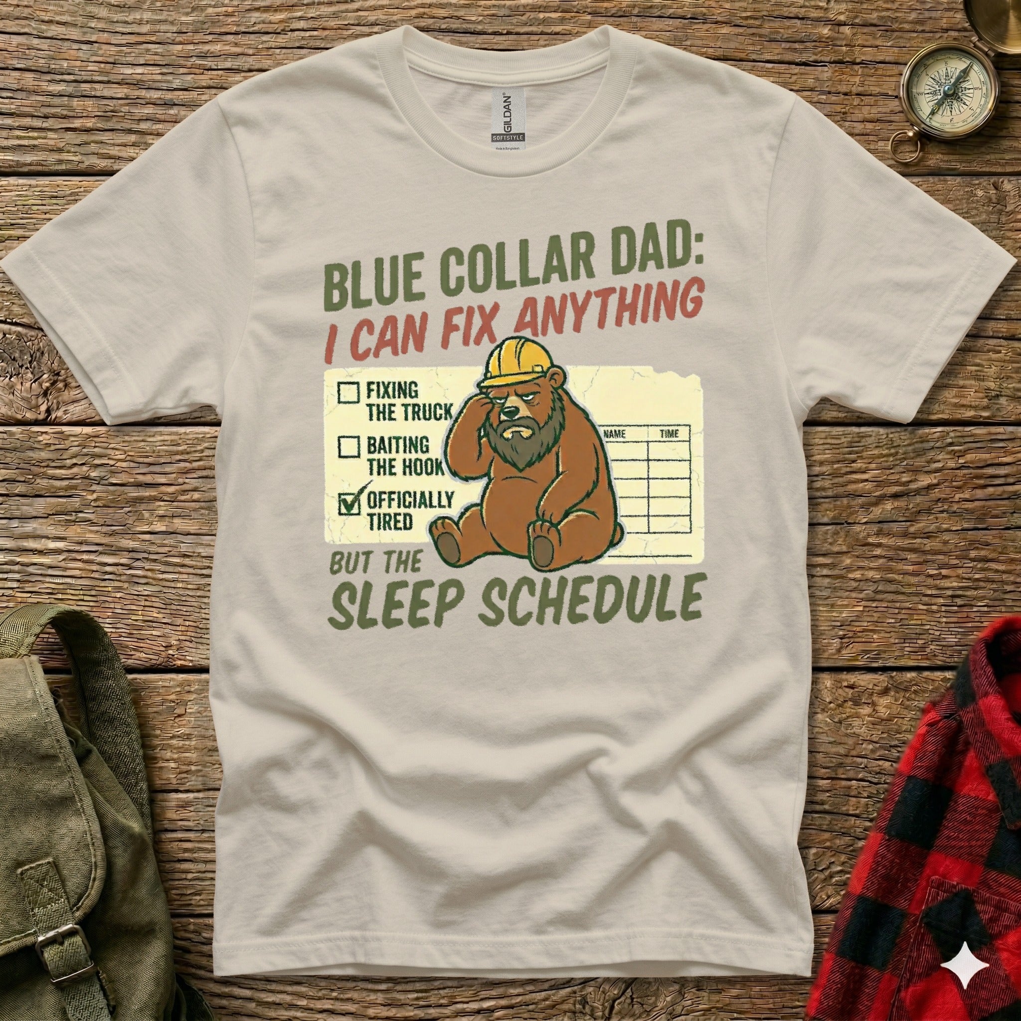T-shirt with "Blue Collar Dad: I Can Fix Anything" and bear graphic.