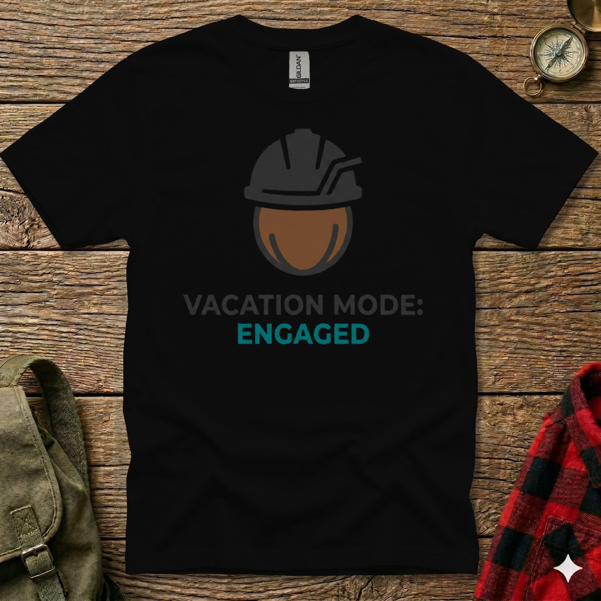 Black t-shirt with hard hat and "Vacation Mode: Engaged" text.