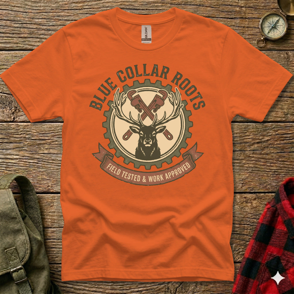 Orange t-shirt with "Blue Collar Roots" and deer logo, "Field Tested & Work Approved."