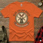 Orange t-shirt with "Blue Collar Roots" and deer logo, "Field Tested & Work Approved."