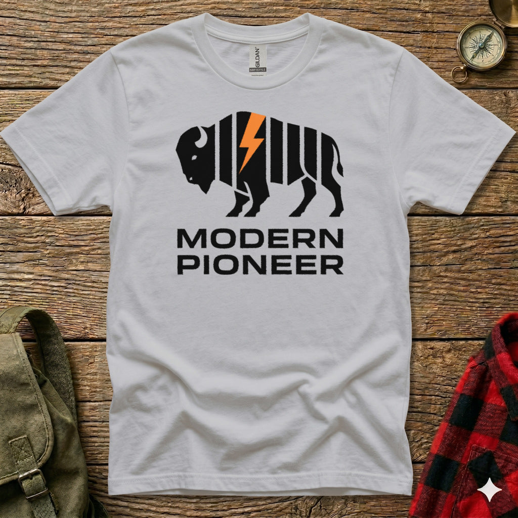White t-shirt with black and orange "MODERN PIONEER" buffalo logo.