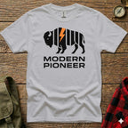 White t-shirt with black and orange "MODERN PIONEER" buffalo logo.