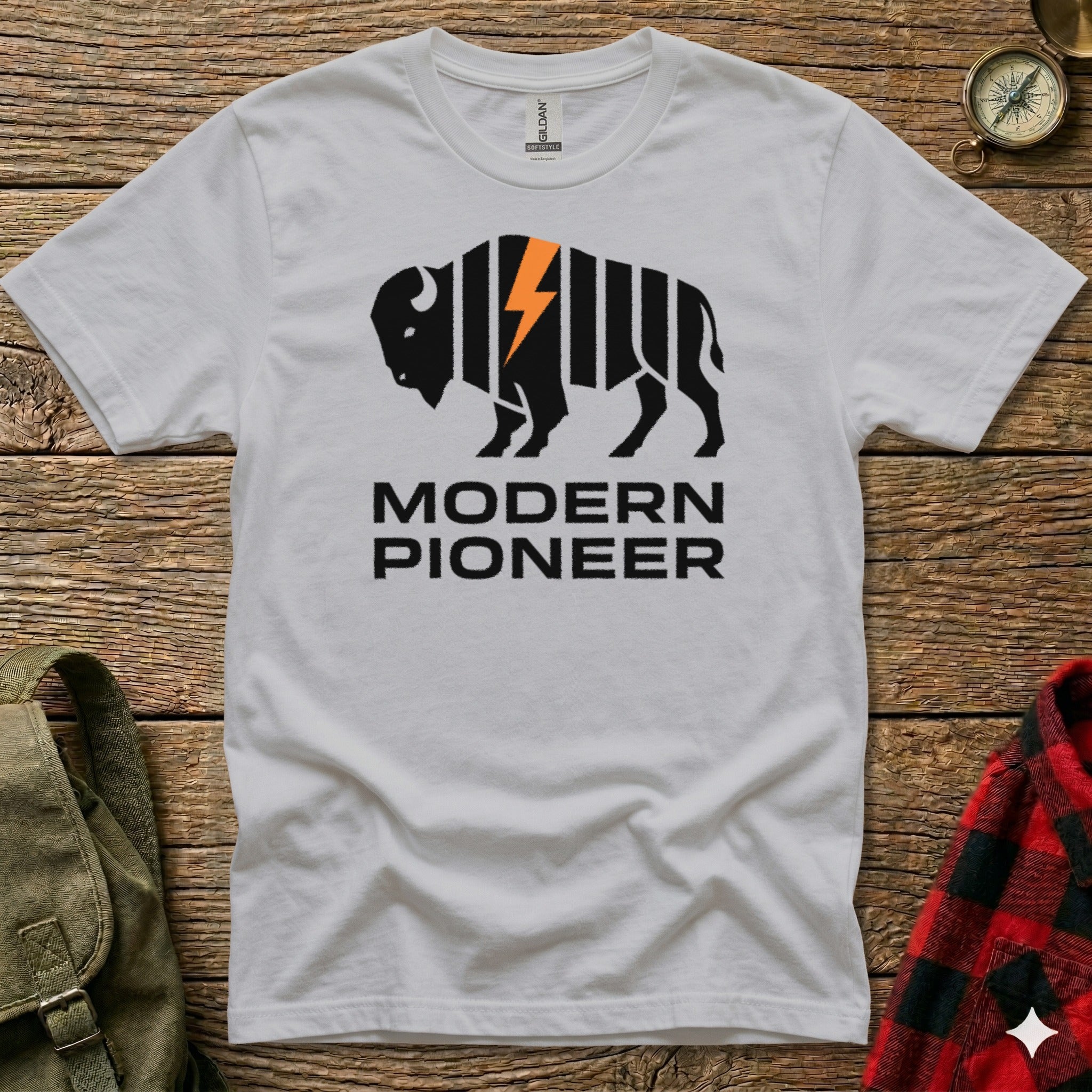 White t-shirt with black and orange "MODERN PIONEER" buffalo logo.