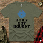 Green t-shirt with blue mountain and saw graphic, text BUILT NOT BOUGHT.