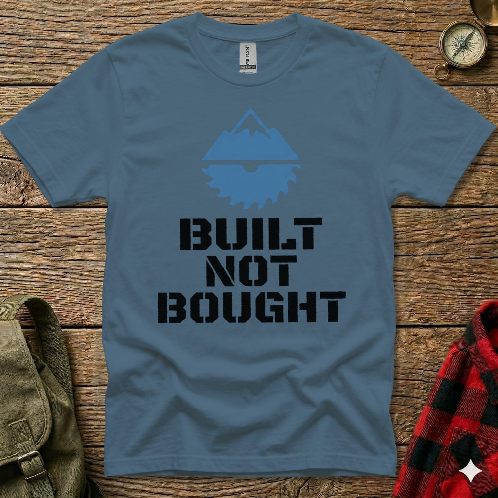 Blue t-shirt with "BUILT NOT BOUGHT" text and mountain saw graphic.