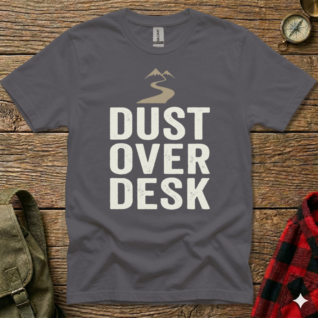 Dark grey t-shirt with "Dust Over Desk" text and mountain graphic.