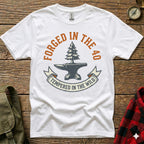 White t-shirt with "Forged in the 40" and anvil with tree design.
