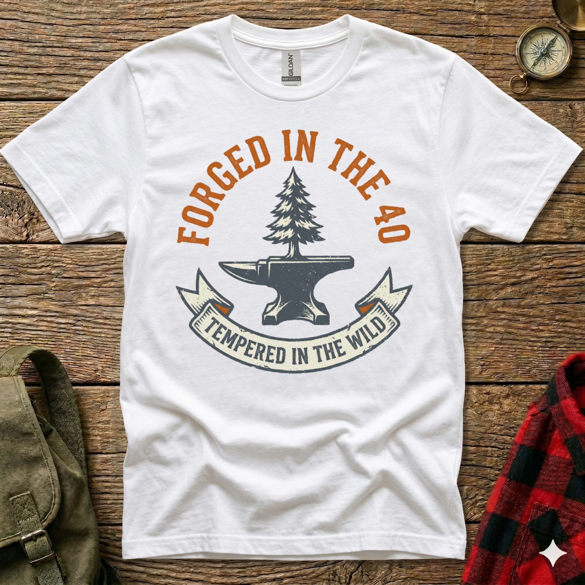 White t-shirt with "Forged in the 40" and anvil with tree design.