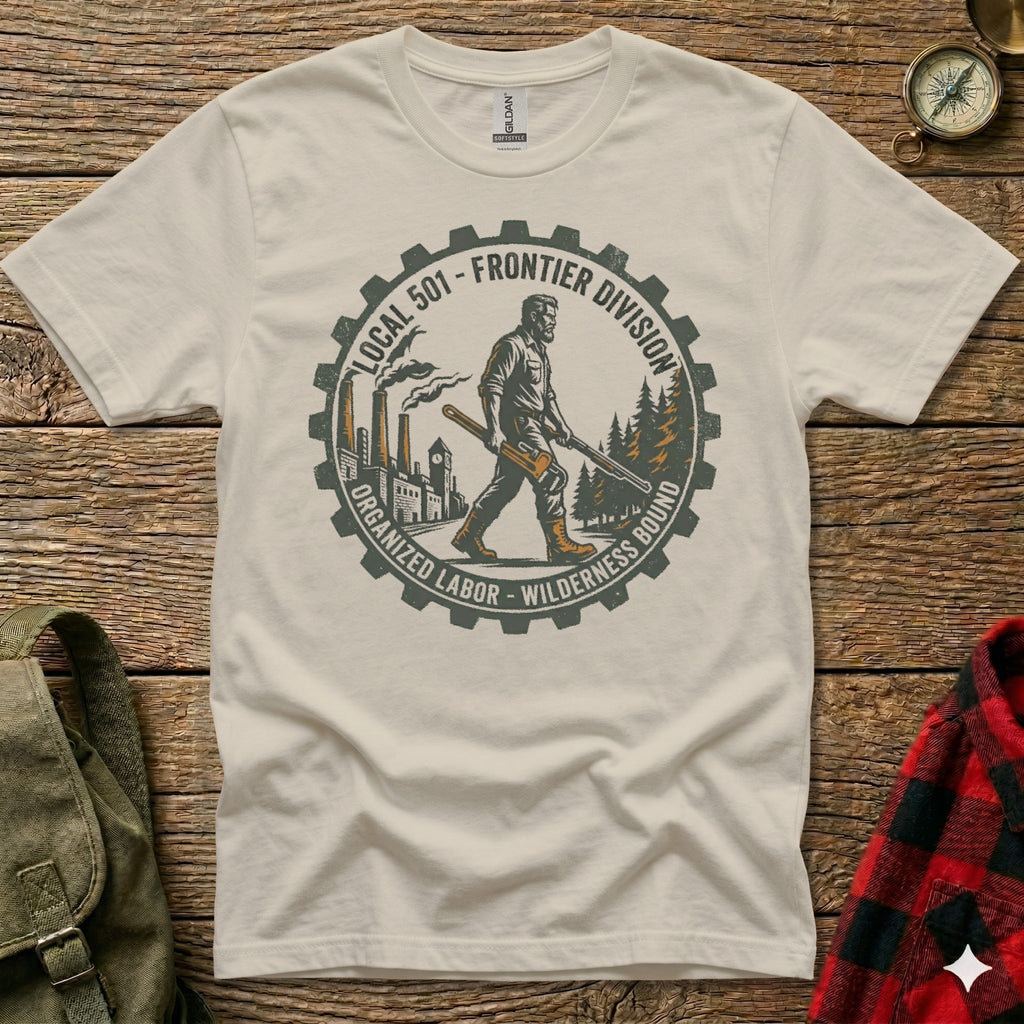 T-shirt with "Local 501 Frontier Division Organized Labor Wilderness Bound" graphic.