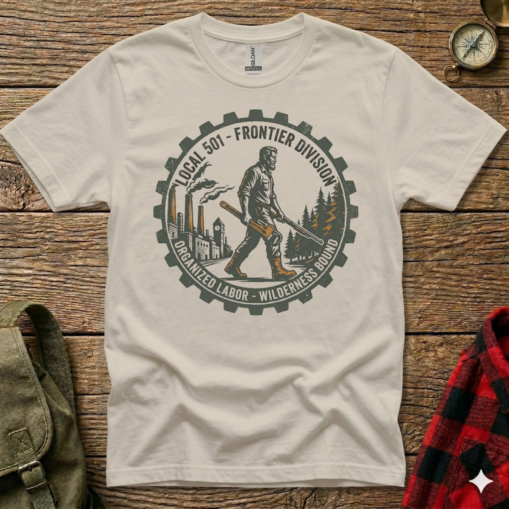 T-shirt with "Local 501 Frontier Division Organized Labor Wilderness Bound" graphic.