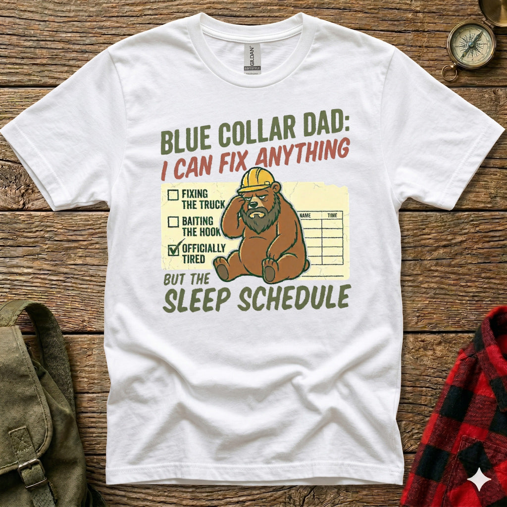 White t-shirt with "Blue Collar Dad: I Can Fix Anything" graphic featuring a bear.