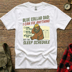 White t-shirt with "Blue Collar Dad: I Can Fix Anything" graphic featuring a bear.