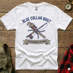 White t-shirt with "Blue Collar Built Fatherhood Refined" text and crossed wrench and fishing rod.