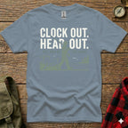 Grey t-shirt with text "CLOCK OUT. HEAD OUT. SEE YOU AT THE LAKE" and Bigfoot graphic.