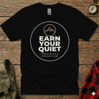 Black t-shirt with "Earn Your Quiet" and "Ironwood Frontier" text.