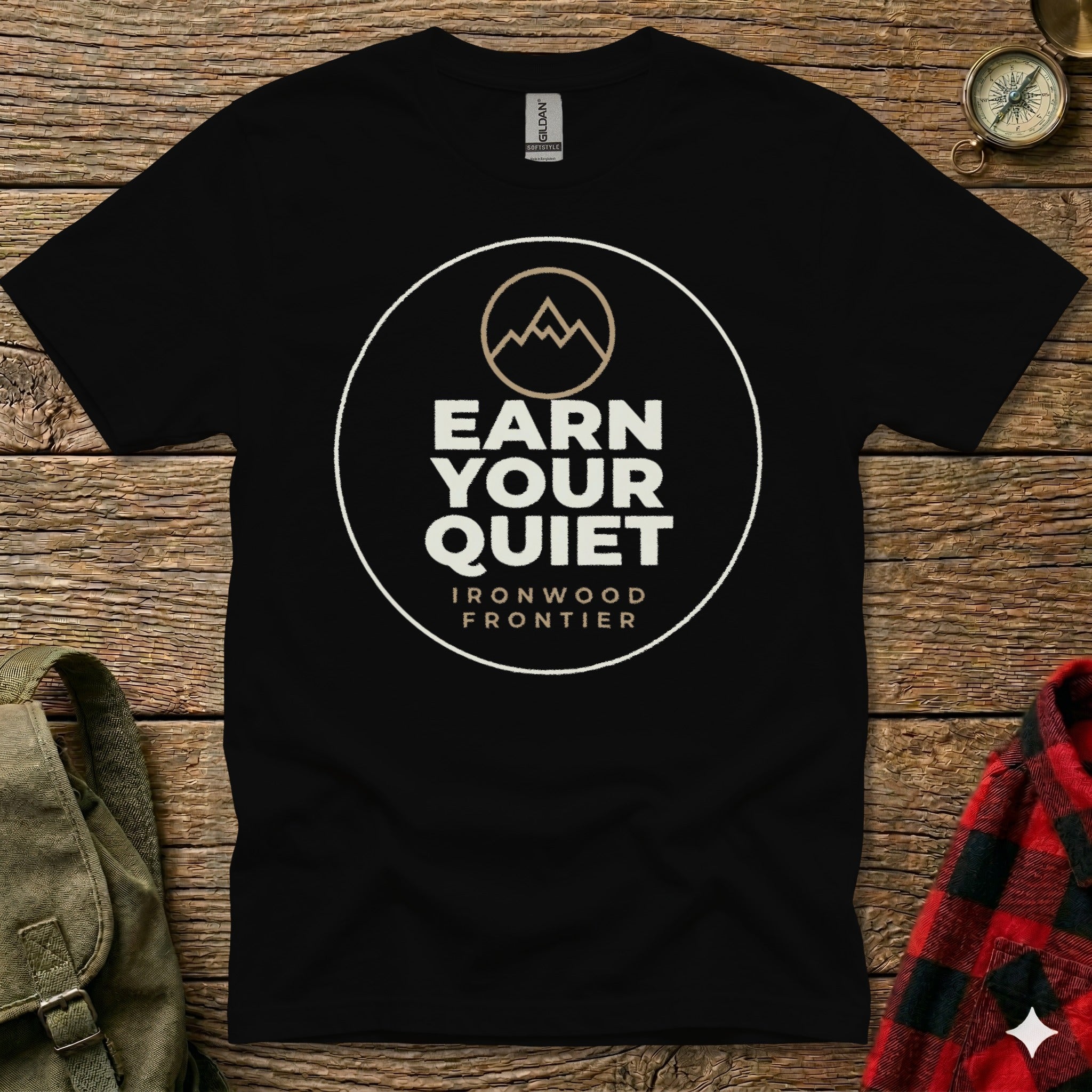 Black t-shirt with "Earn Your Quiet" and "Ironwood Frontier" text.