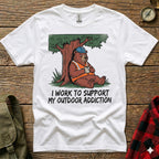 T-shirt with cartoon bear wearing hard hat and holding coffee cup.