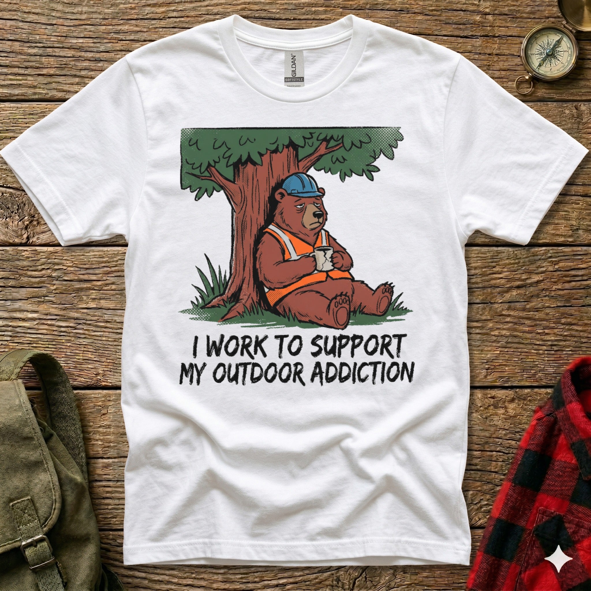 T-shirt with cartoon bear wearing hard hat and holding coffee cup.