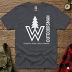 Dark grey t-shirt with white "W OUTDOORSMAN" logo and text.