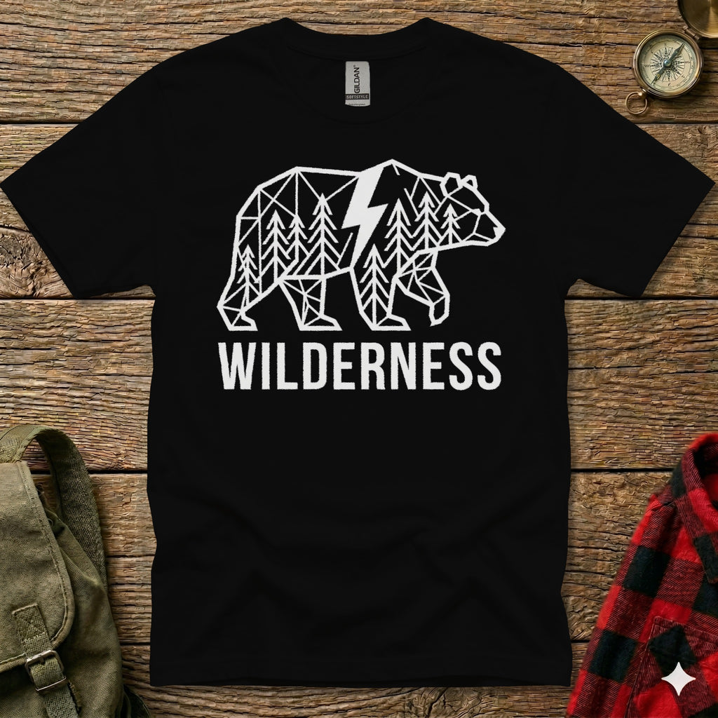 Black t-shirt with geometric bear and forest graphic and "WILDERNESS" text.