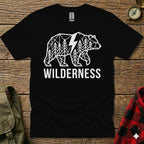 Black t-shirt with geometric bear and forest graphic and "WILDERNESS" text.