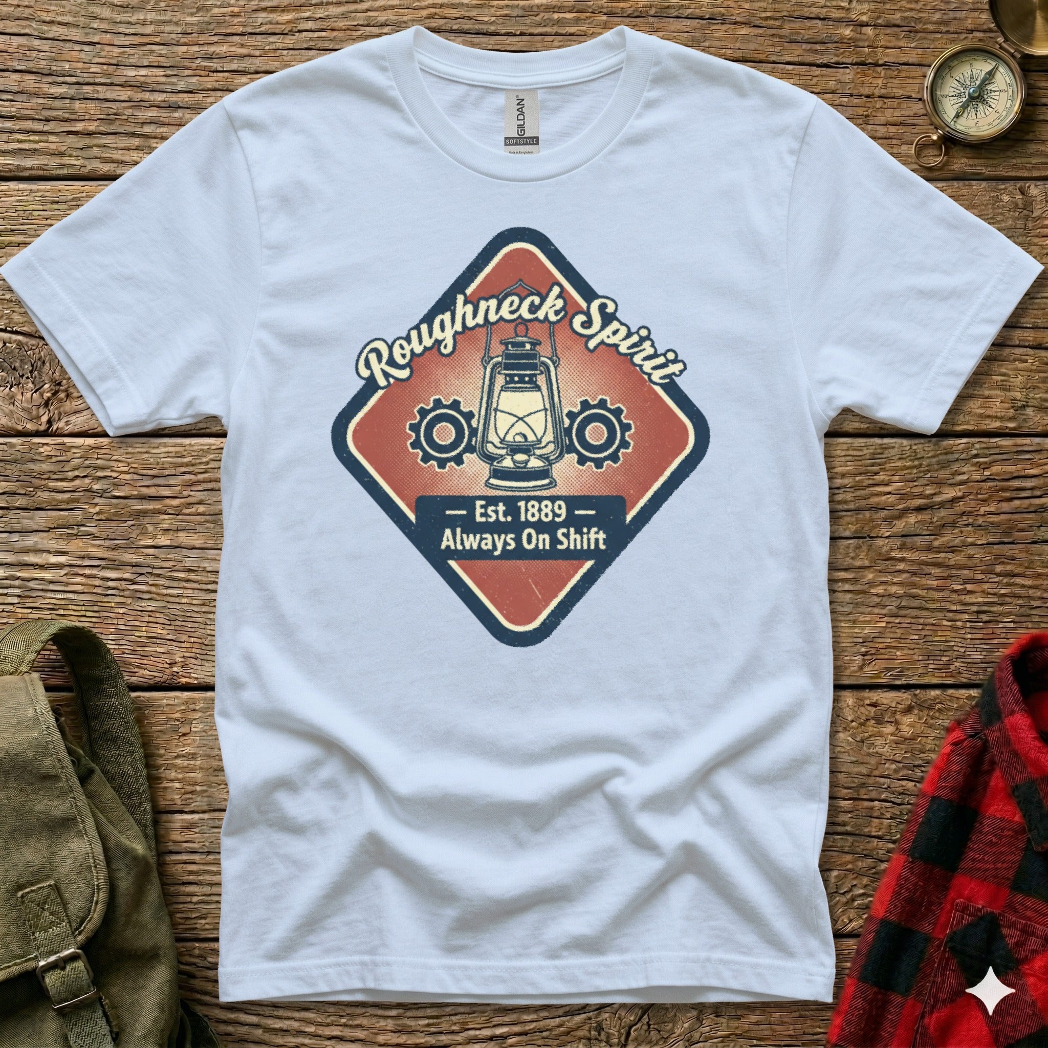 White t-shirt with "Roughneck Spirit" and lantern graphic.