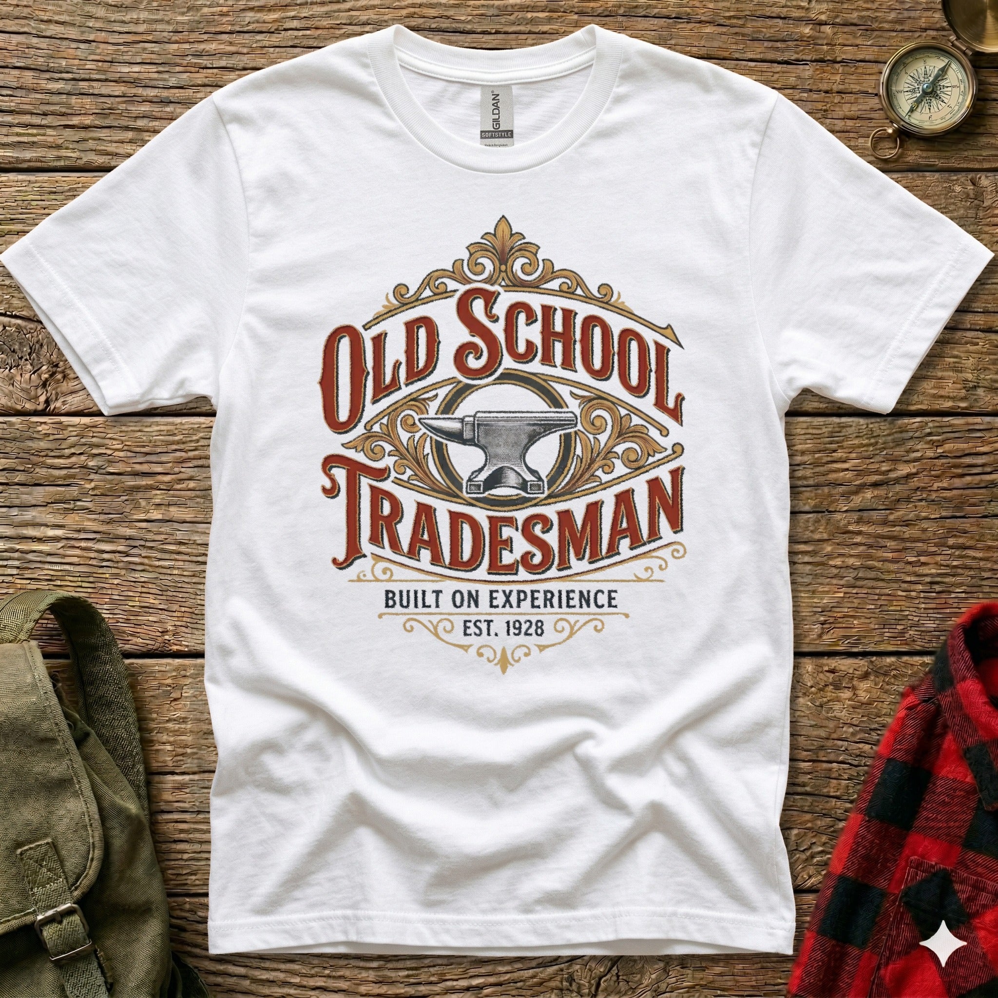 White t-shirt with "Old School Tradesman" and anvil design.