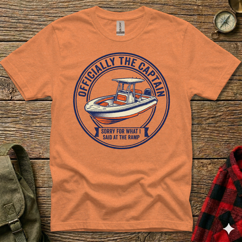 Orange t-shirt with "Officially the Captain" boat graphic and text.