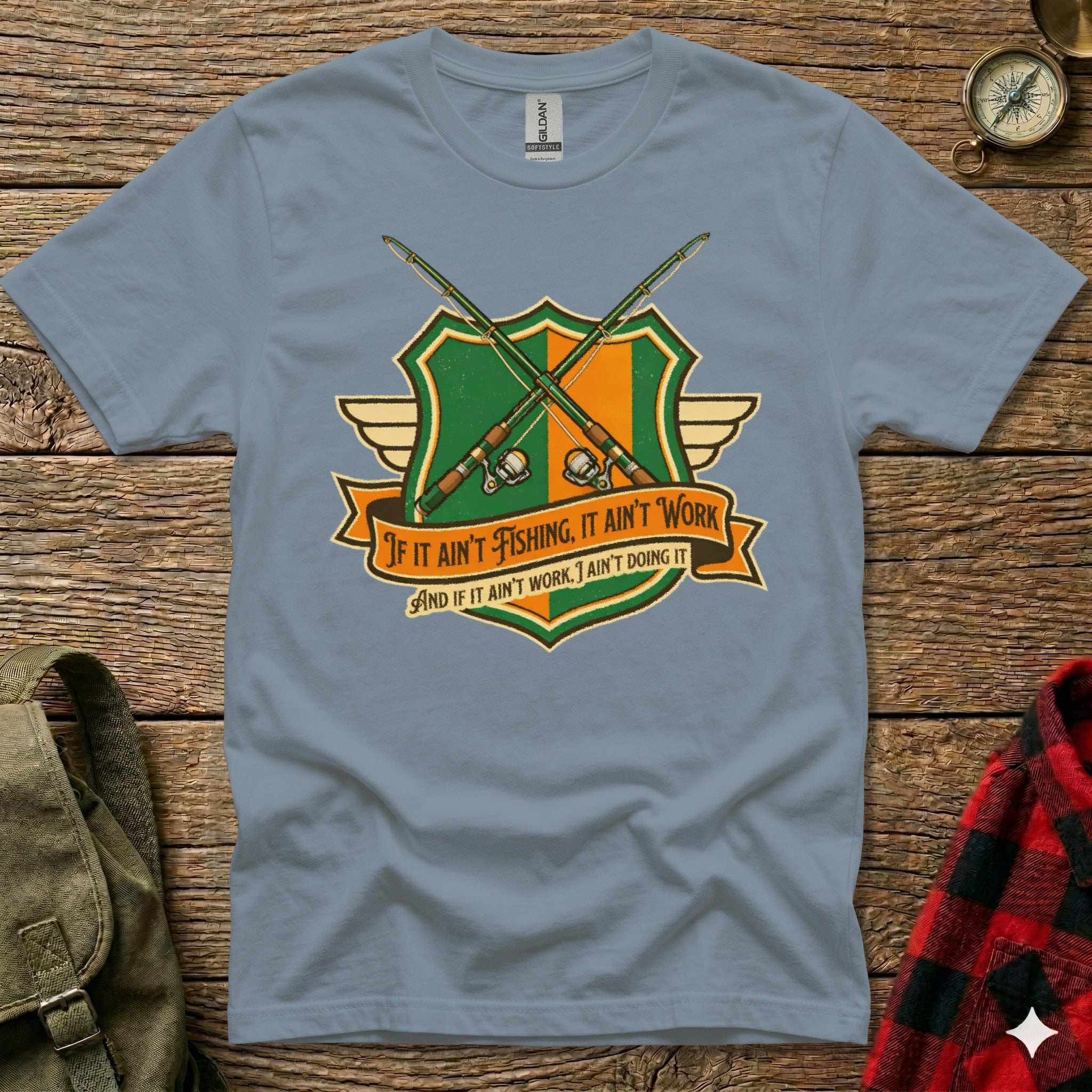 Gray t-shirt with crossed fishing rods and crest, featuring text "If it ain't fishing, it ain't work".
