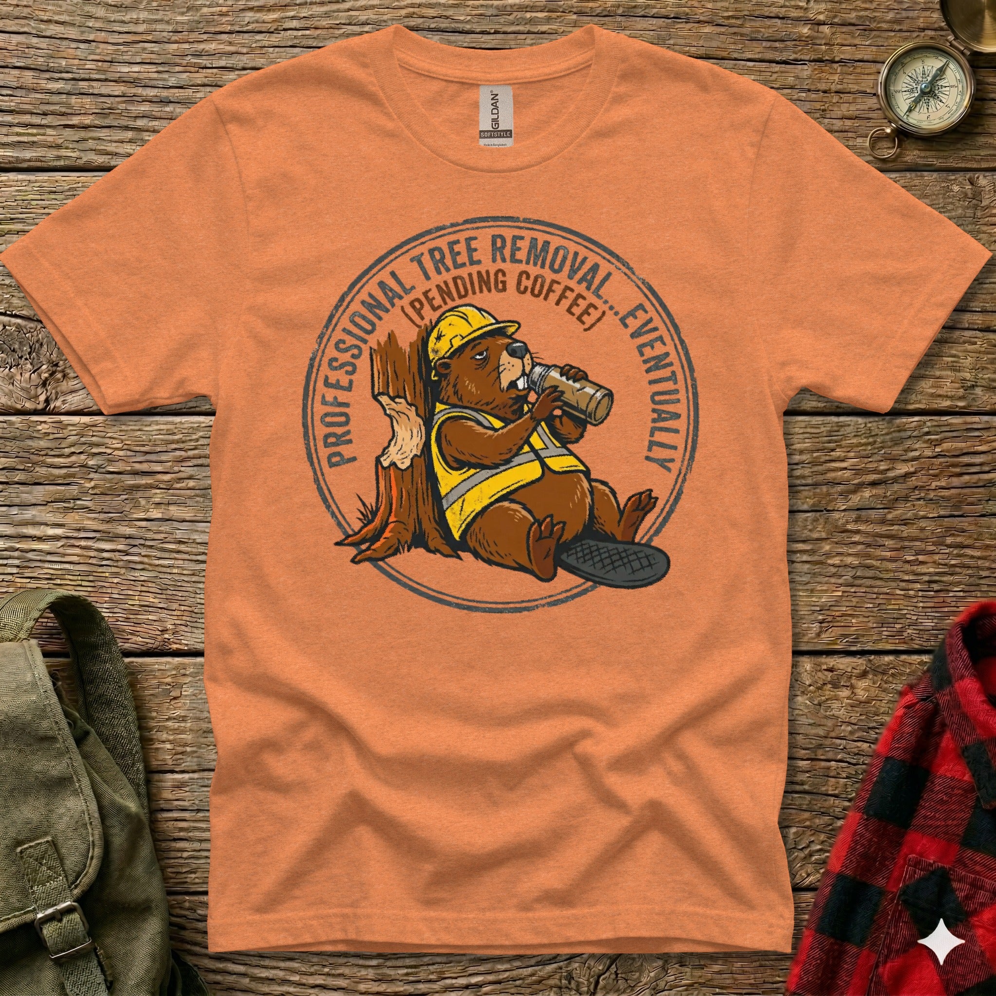 Beaver in hard hat drinking coffee on tree stump with "Professional Tree Removal" text.