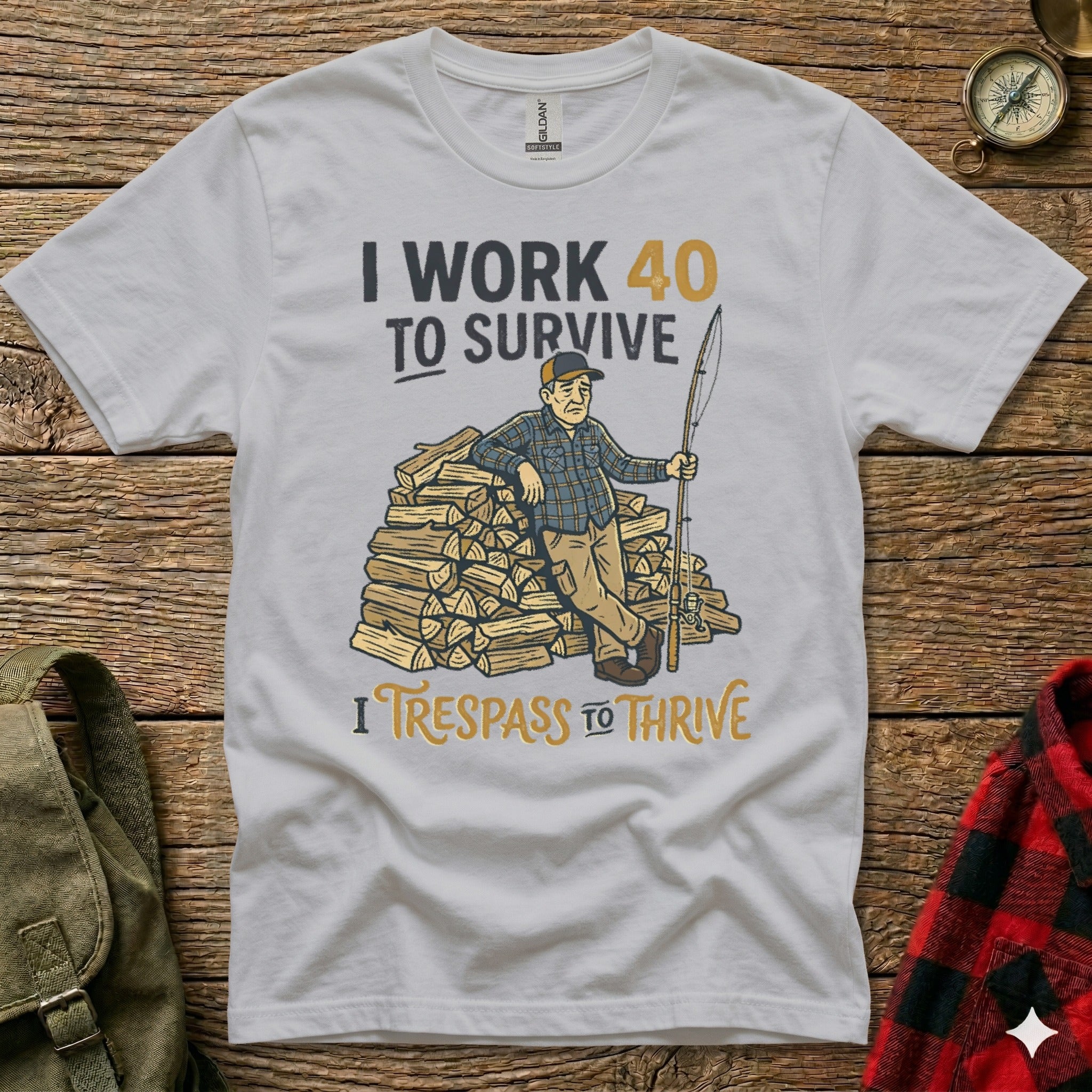 White t-shirt with "I WORK 40 TO SURVIVE" and a fishing graphic.