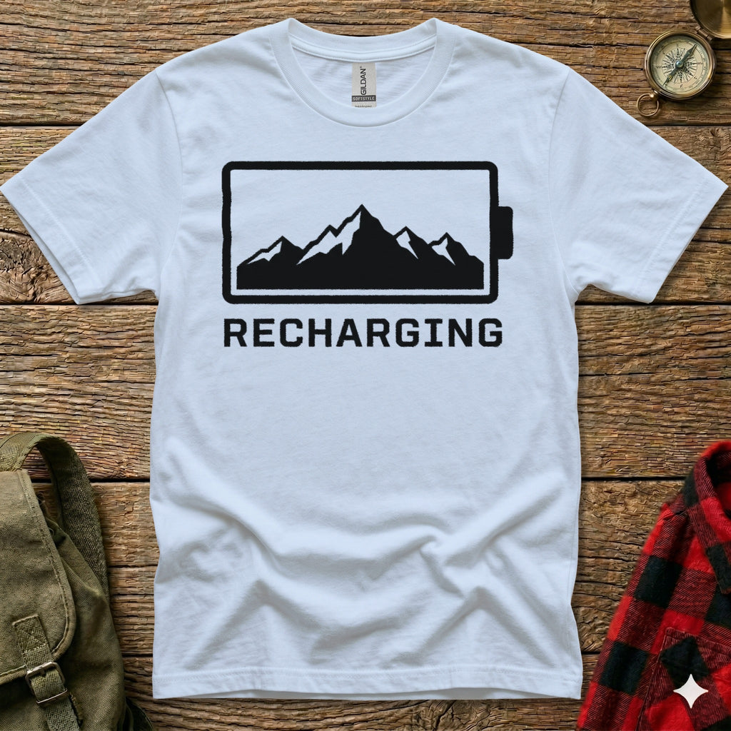 White t-shirt with black battery graphic and "Recharging" text.