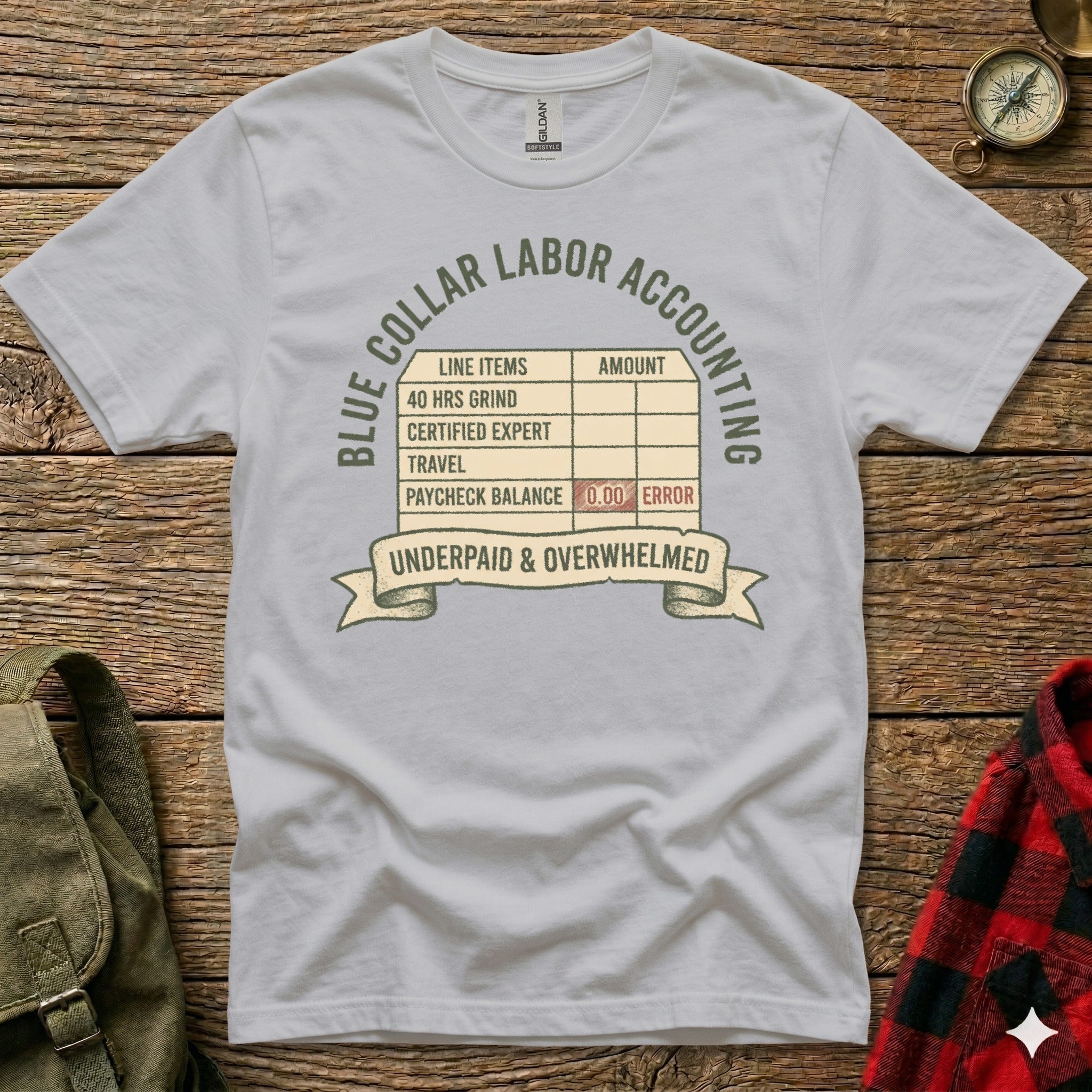 Gray t-shirt with "Blue Collar Labor Accounting" graphic featuring a ledger.