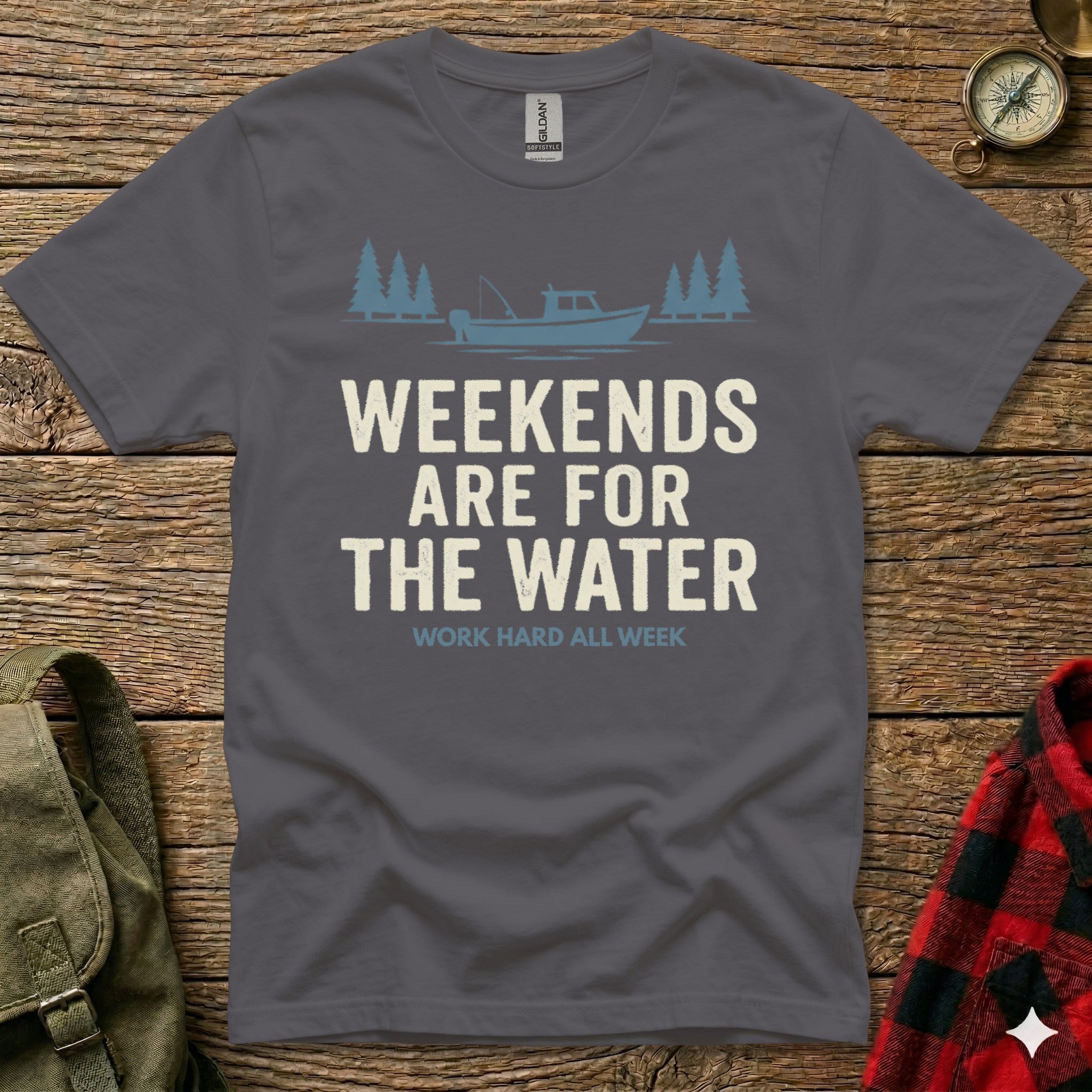 Dark grey t-shirt with "Weekends Are For The Water" and a boat graphic.