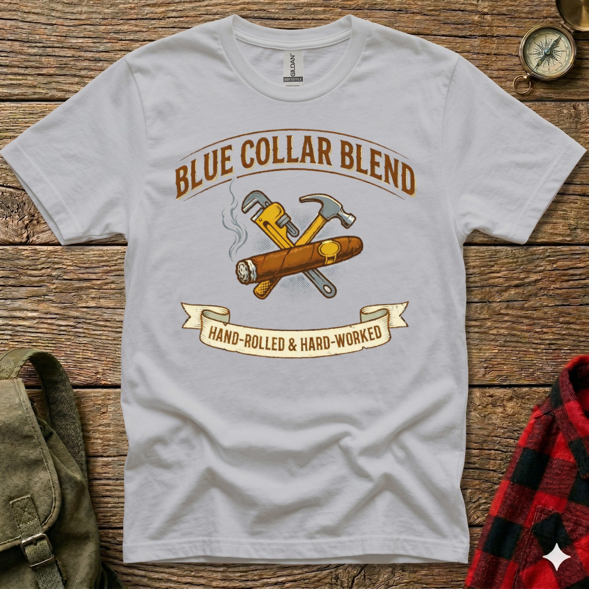 Gray t-shirt with "BLUE COLLAR BLEND HAND-ROLLED & HARD-WORKED" and crossed cigar and tools.