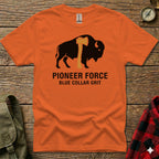 Orange t-shirt with bison and axe graphic, "PIONEER FORCE BLUE COLLAR GRIT" text.