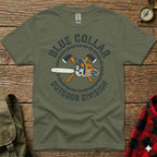 Green t-shirt with "Blue Collar Outdoor Division" text and chainsaw/axe emblem.